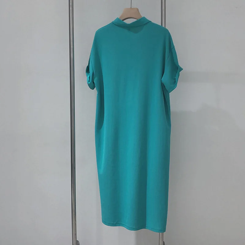 Robe d'été à col Polo pour femmes, vêtements pour dames, couleur unie coréenne décontractée, ample, manches courtes, longue robe t-shirt