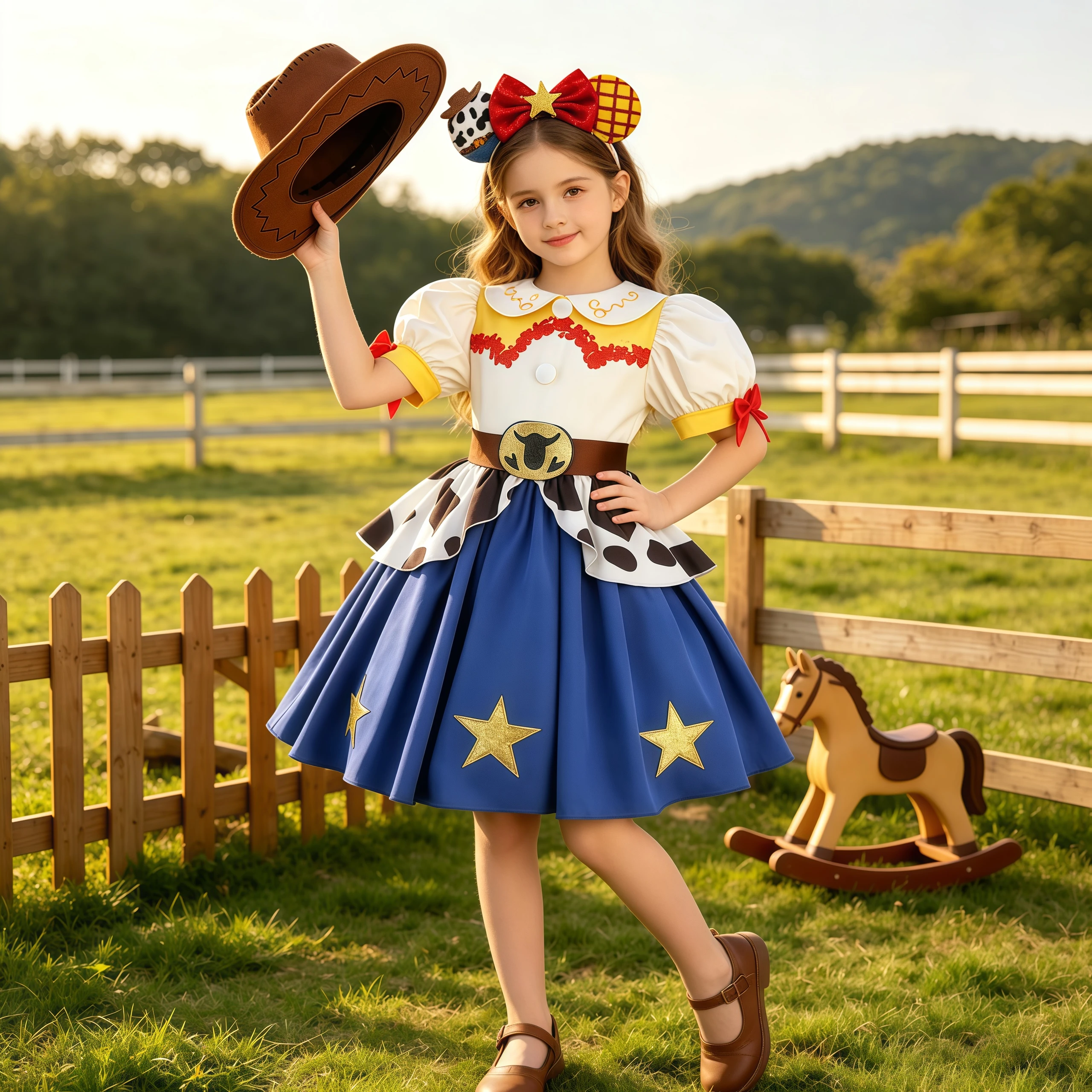 Girls Cowboy Cartoon Woody Cosplay Anime Costume Princess Dress With Headwear For Kids Halloween Performance Themed Party Outfit