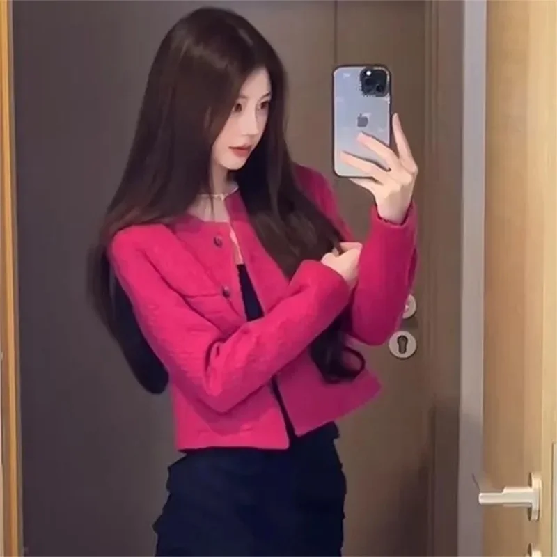 Rose Red Small Fragrant Style Jackets Women's Coat Outwear 2026 New Spring Autumn Beautiful Round Neck Short Jacket Top