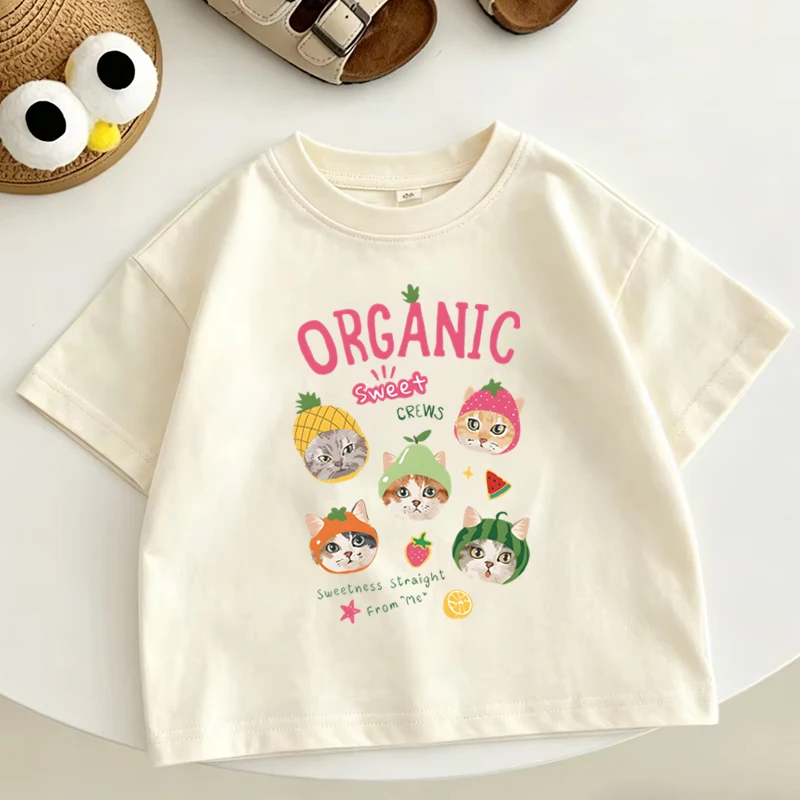 

Kids Clothing Funny Sweet Cat Crew T-Shirt Fruit Hat Cats Casual 100% Cotton Short Sleeve Tee Youth Girl Harajuku Y2K Tops