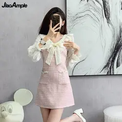 2024 Spring Autumn Women Sweet Pink Bowknot Dress Korean Flare Sleeve Patchwork Fake Two Piece Dresses Lady Graceful Clothing