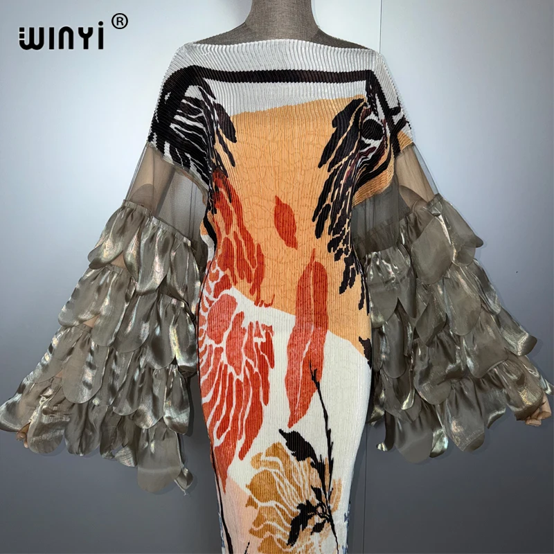 WINYI Elastic slim pleated dress beach cover up boho kaftan abaya dubai luxury party dress long down muslim woman evening dress - Image 4