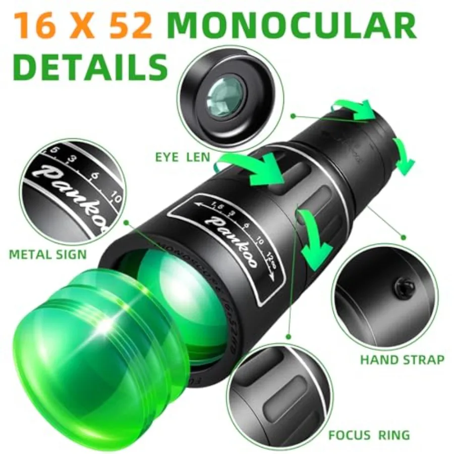 16X52 High Powered Monocular Telescope for Adults - Power Prism, Compact HD Scope, Ideal for Gifts, Bird Watching, Hiking, Conc