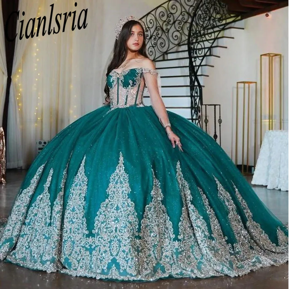 Dark Green Quinceanera Dresses Off Shoulder Medieval Prom Dress Applique Lace Up vestido De 15 Anos Robe Ball16 Dresses