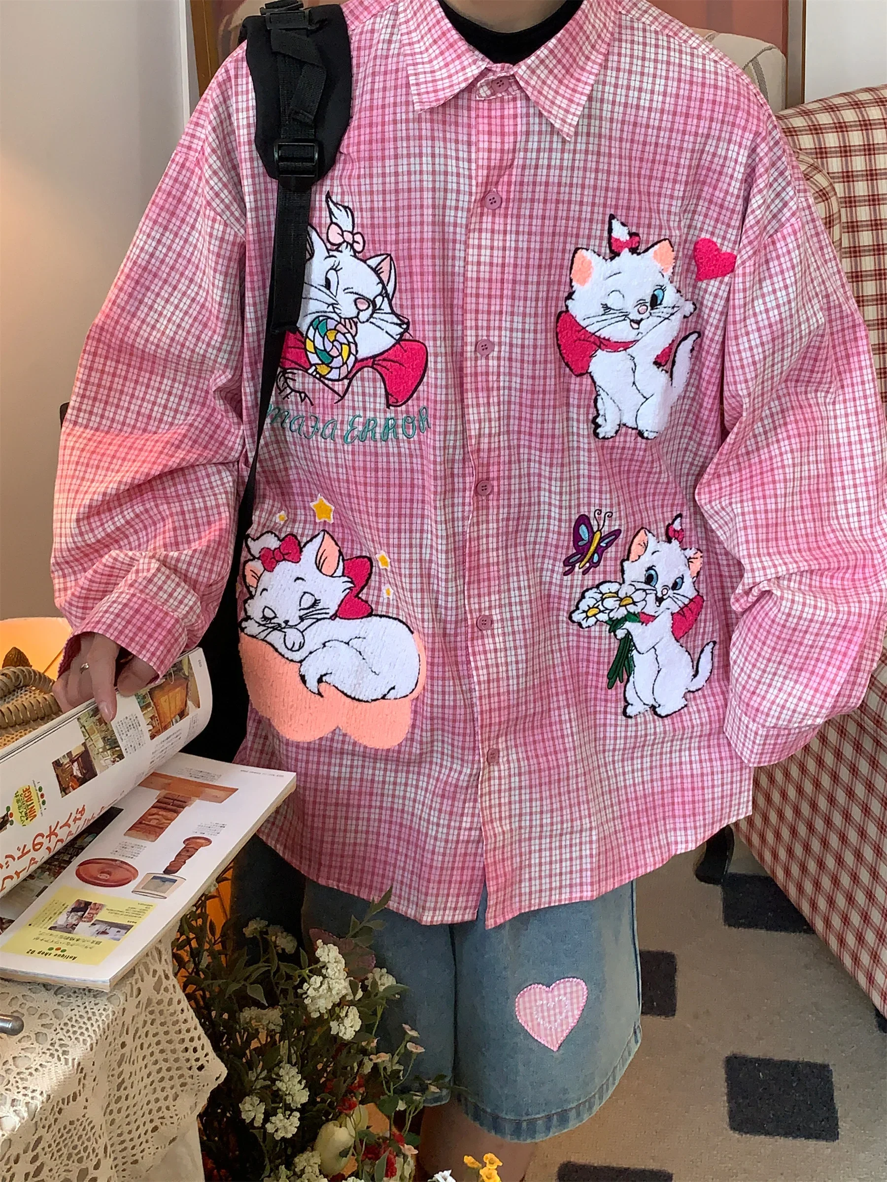 Tie-dye Gradual Change Towel Embroidered Long-sleeved Shirt Women and Men 2024 Spring Autumn Cartoon Fun Couple Shirt Tops