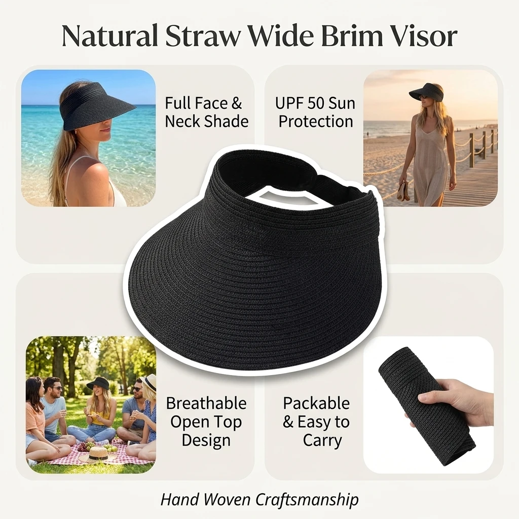 Beach Vacation Straw Visor Hat UPF 50+ Sun Protection Open Top Summer Beachwear for Women Travel Picnic Outdoor Essentials