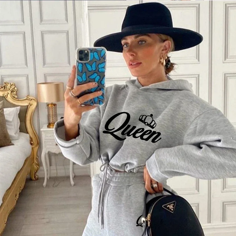 Womens 2 Pieces Suit Hooded Print Pullover Tracksuit Set Drawstring Short Sweatshirts Casual Sweatpants Jogging Home Clothing