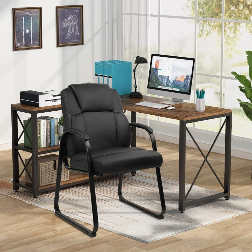 Leather Guest Chair with Padded Arm Rest for Reception Meeting Conference and Waiting Room Side Office Home Black