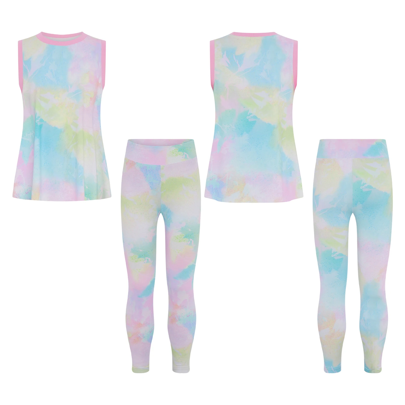 2 قطعة ملابس الجمباز الفتيات موضة مطبوعة اليوغا مجموعة التجفيف السريع رياضية الجولة الرقبة أكمام تانك القمم عالية الخصر طماق