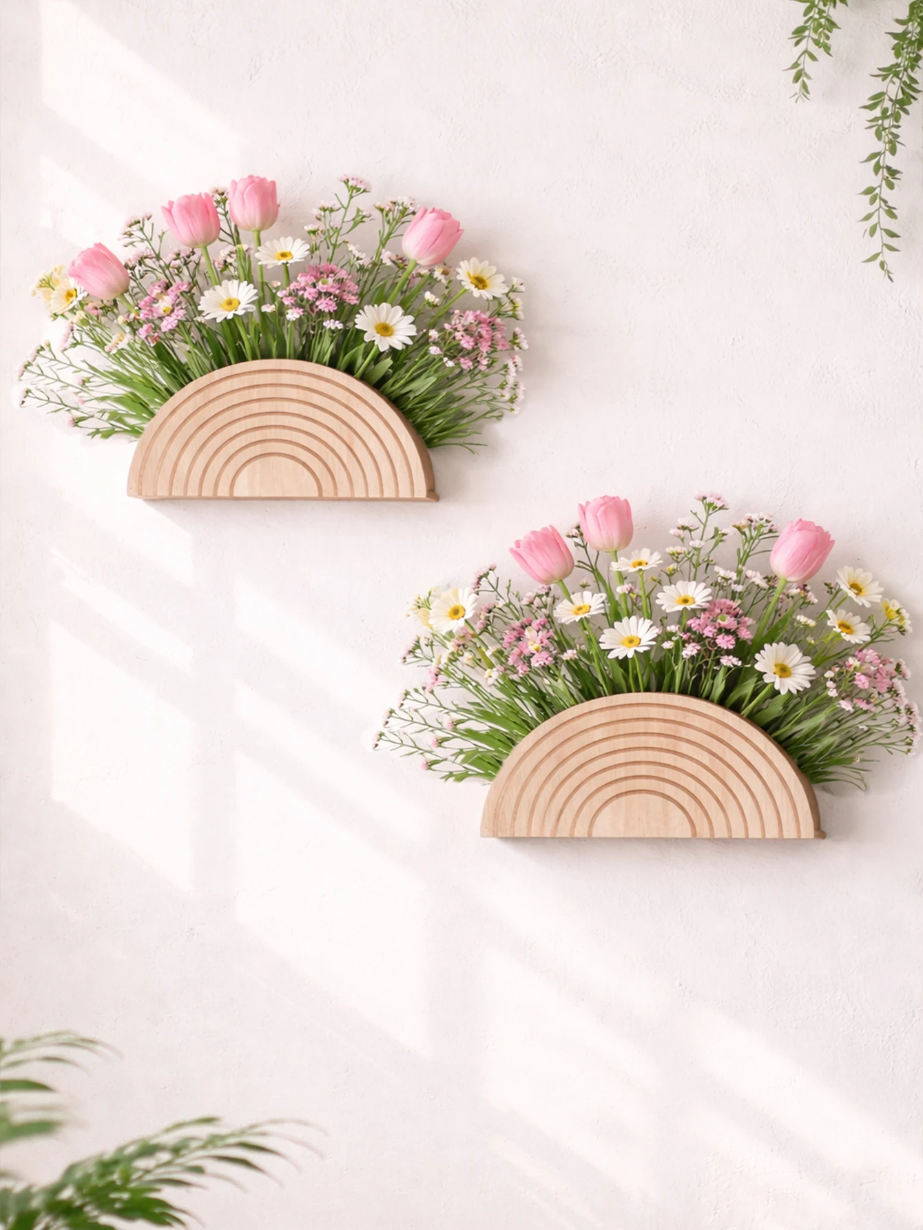 Boho Rainbow Wood Semicircle Wall Decor Artificial Floral & Dried Grass Wall Art Wall Hanging for Living Room, Bedroom & Nursery