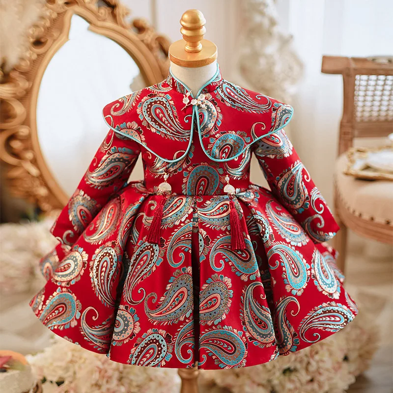 

2025Girls' New Year Clothes-Year-Old Banquet Zhuazhou Chinese Dress Cheongsam High-End Princess Gown Dress