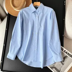 Tangada Women Blue Oxford Blouse Shirt Long Sleeve 2024 Chic Female Loose Top 6D052