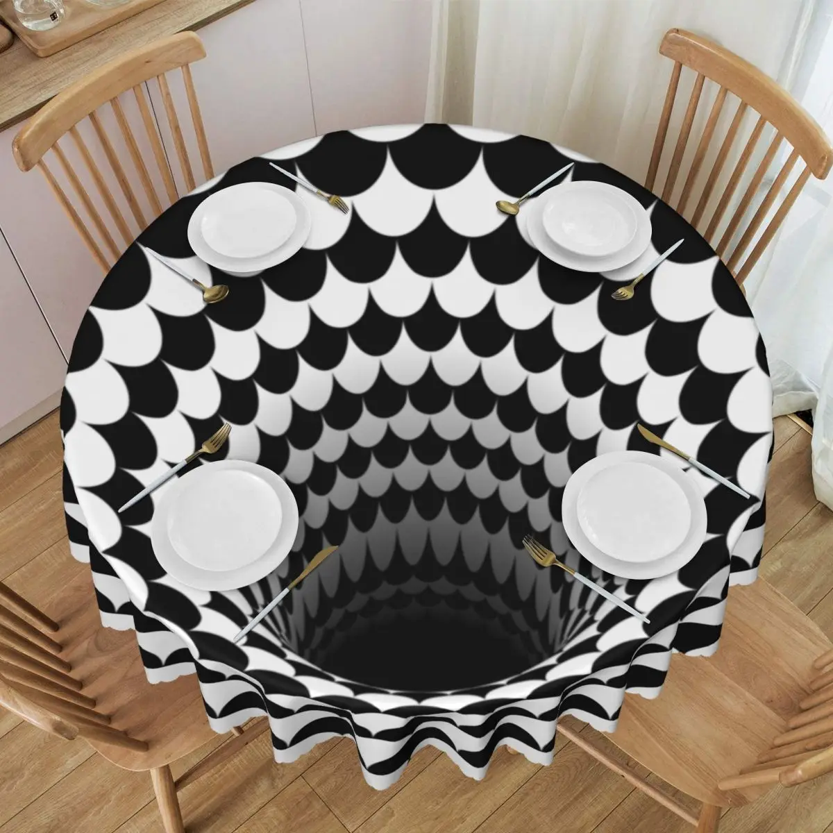 Optical Illusion Black Hole Scales Tablecloth Round Waterproof Geometry Black And White Table Cloth Cover for Party 60 inch