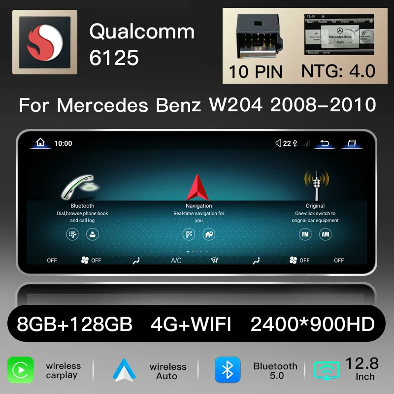 12,8" 2400*900 Snapdragon 6125 Draadloze CarPlay Android 14 Autoradio voor Mercedes Benz C-Klasse W204 S204 4.0 /4.5 2008-2018 Multimedia GPS Navigatie Head Unit Stereo Audio BT WiFi 4G