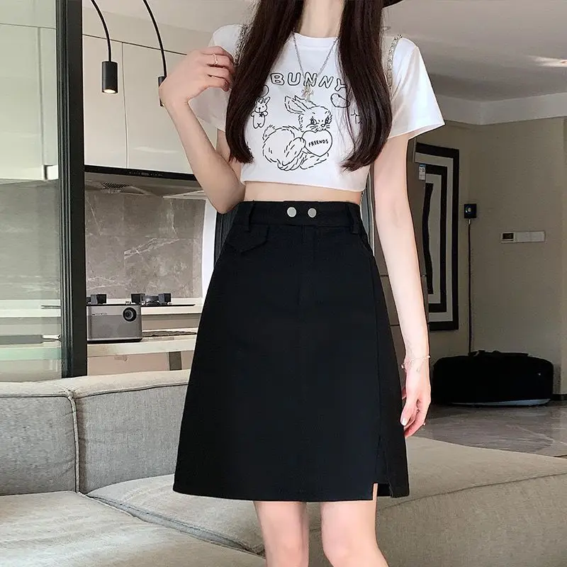 

​ Женская джинсовая юбка миди с высокой талией, облегающая, А-силуэт, в корейском стиле, для студенток, с разрезом, защита от просвечивания ​