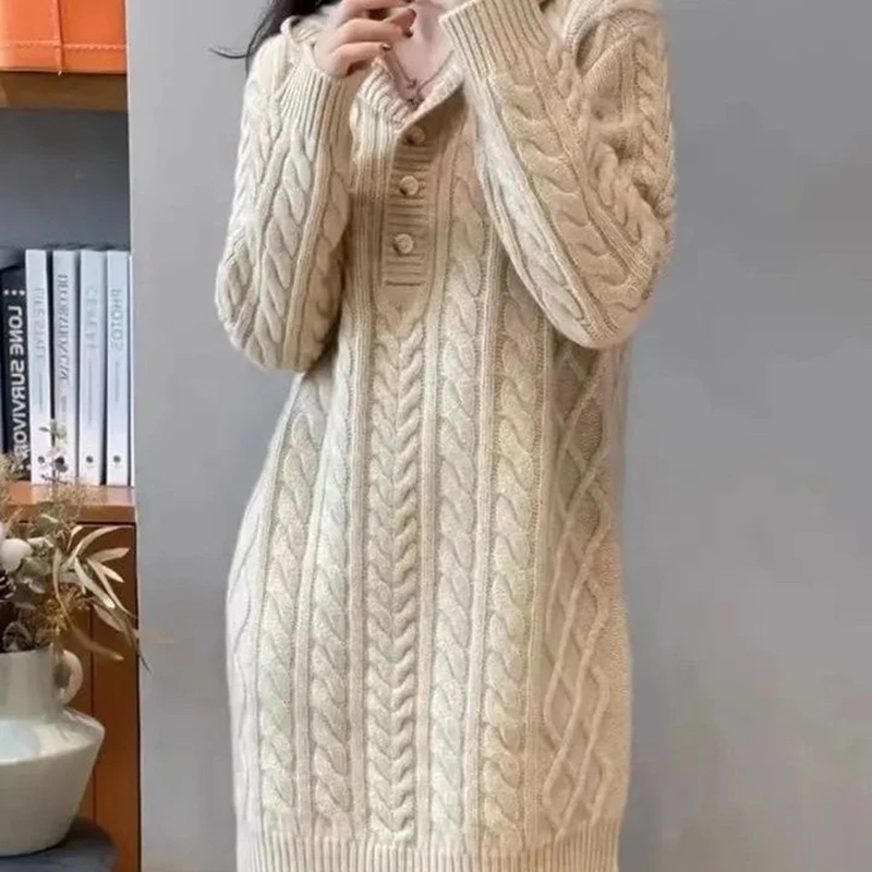 Autumn Winter Chic Pullover Sweater Women's Outer Wear Solid Color Twist Hooded Knitt Sweater Dress 2025 New Loose Wool Knitwear