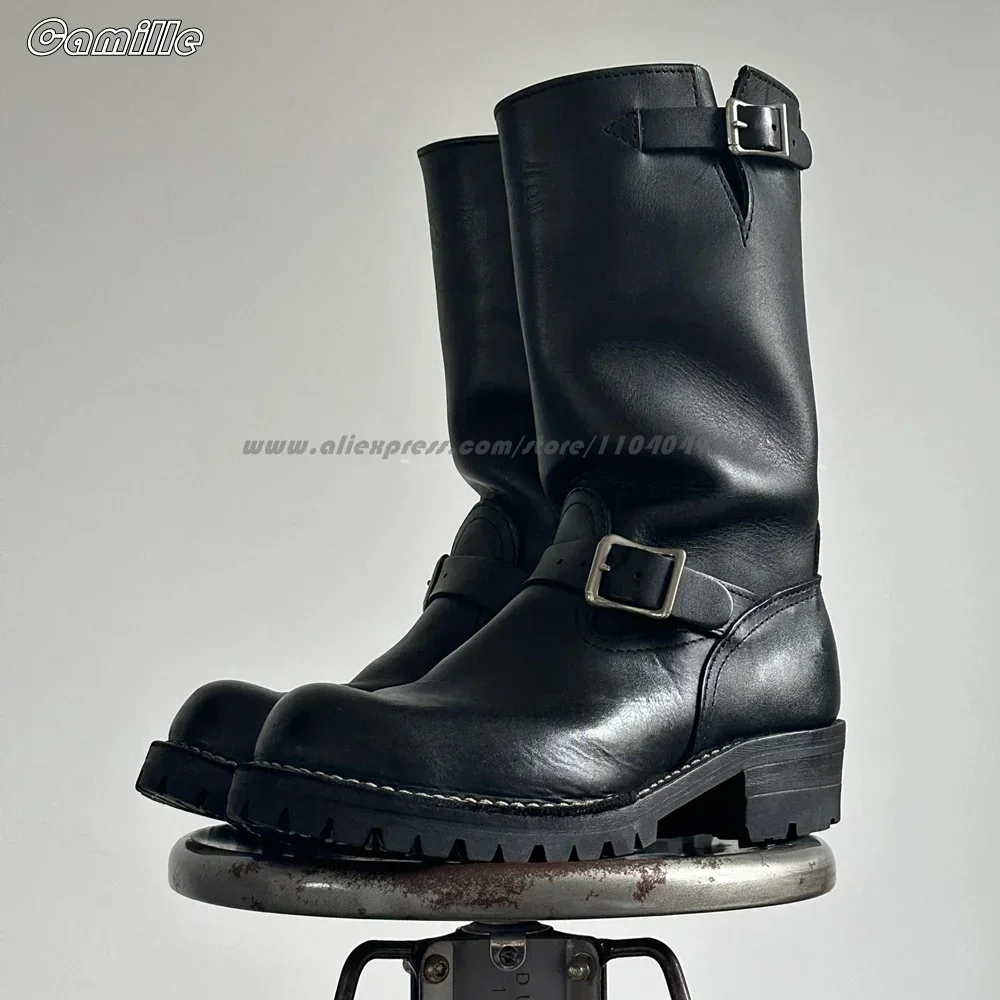 

Genuine Leather Belt Buckle Strap Low Heel Chelsea Boots Cow Suede All-Macth Casual Motorcycle Boots Round Toe Platform Shoes