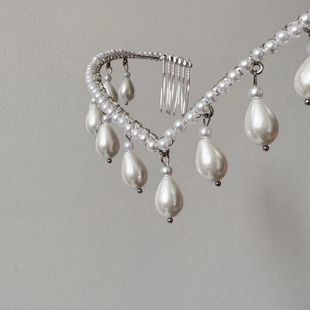 موضة اللؤلؤ شرابة V شكل خوذة مشط الزفاف إكسسوارات الشعر 2025 اليدوية الهندي الزفاف رئيس سلسلة كليب للنساء هدية #4