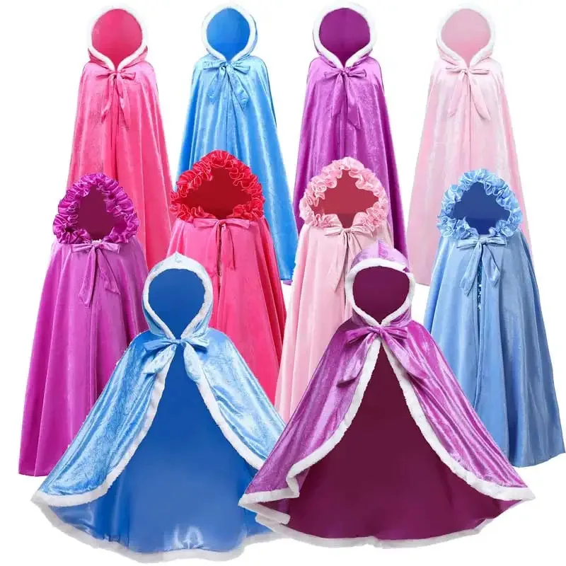 dd54Girls Cinderella Coat Frozen Snow Queen Elsa Cloak Mantle Princess Cosplay Dress Girl Aurora Rapunzel Cape