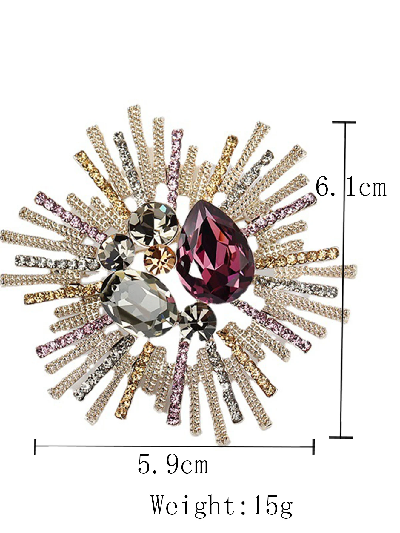 1PC-Luxury Gold Red Rhinestone Sunburst Brooch For Prom Night Bridesmaid Stage Dinner Party Gathering