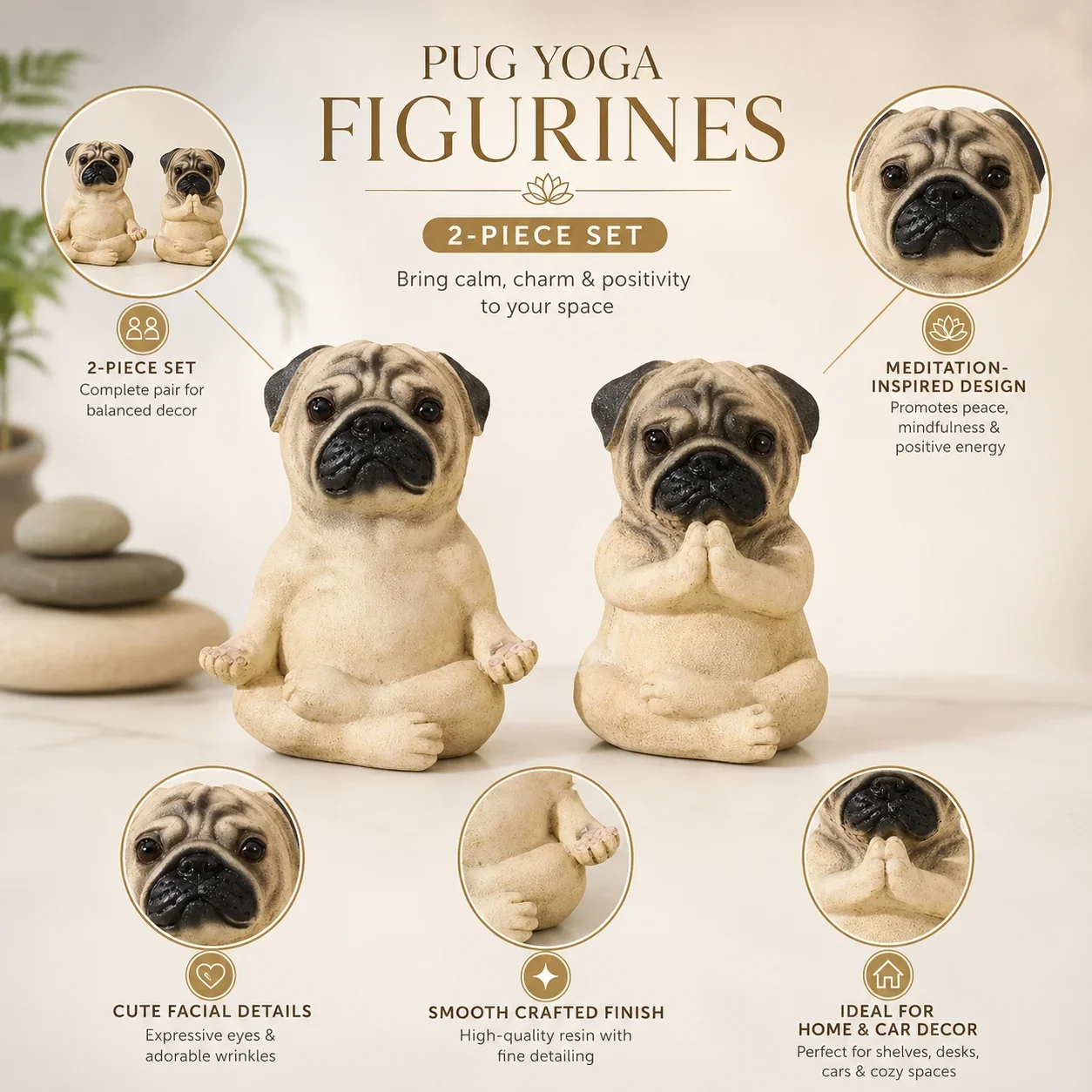Adorable Pug Dog Car Ornament, Yoga Sitting Puppy Figurine, Resin Dashboard Decor, Healing Home Collectible Gift for Pet Lovers