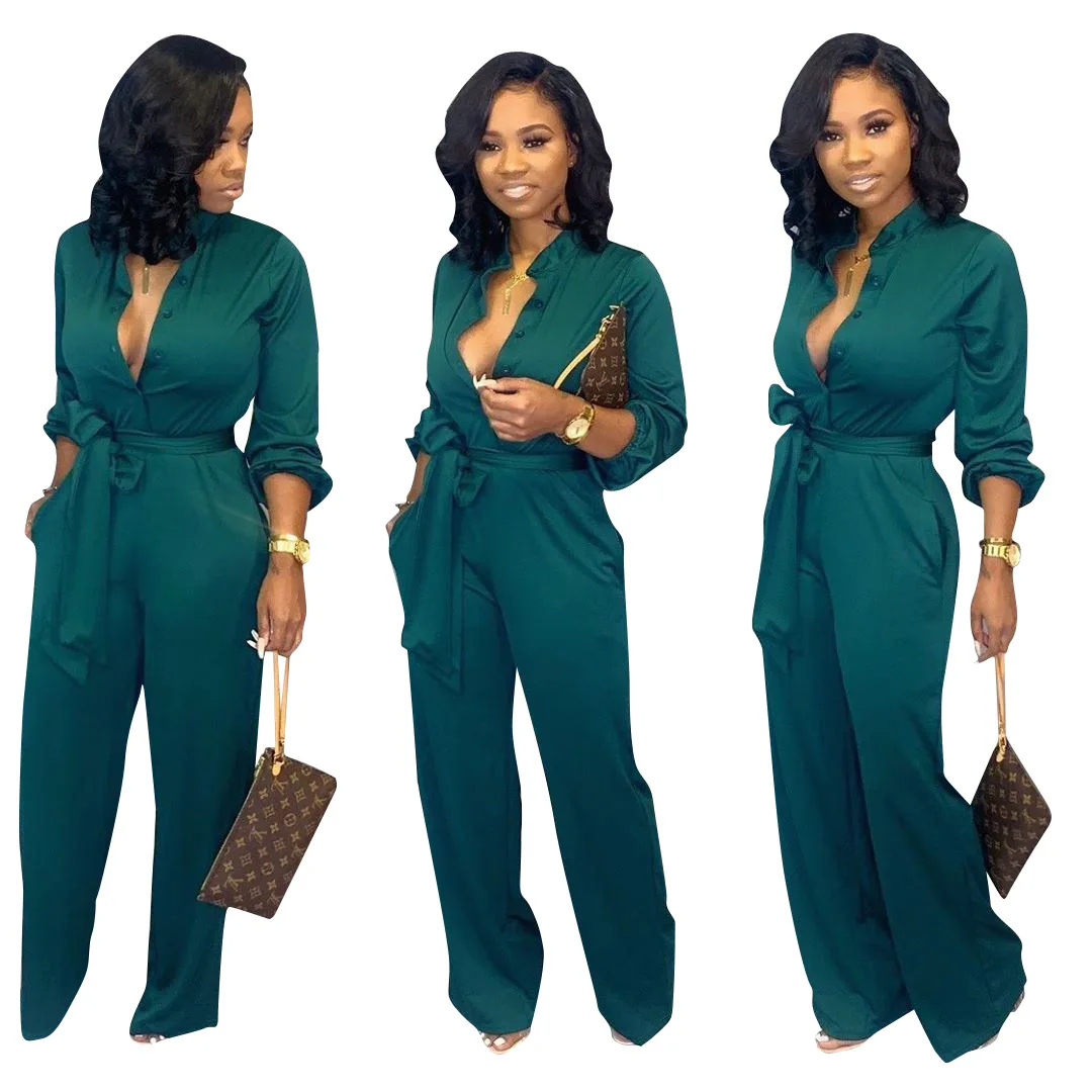 VOLALO Women Wide-leg Jumpsuit With Pocket Elegant Long Sleeve Waist Belt Button Party Romper 2024 Autumn Ladies Jumpsuit  3XL