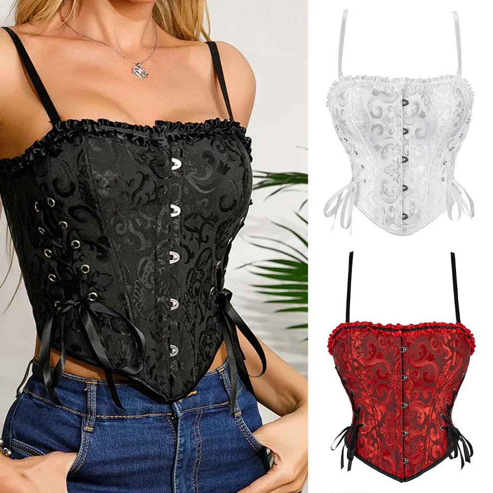 Women Black Jacquard Corset Sexy Slim Fit Camisole Lace-Up Adjust Overbust Corset Shoulder Strap Flounce Bustier Party Costume