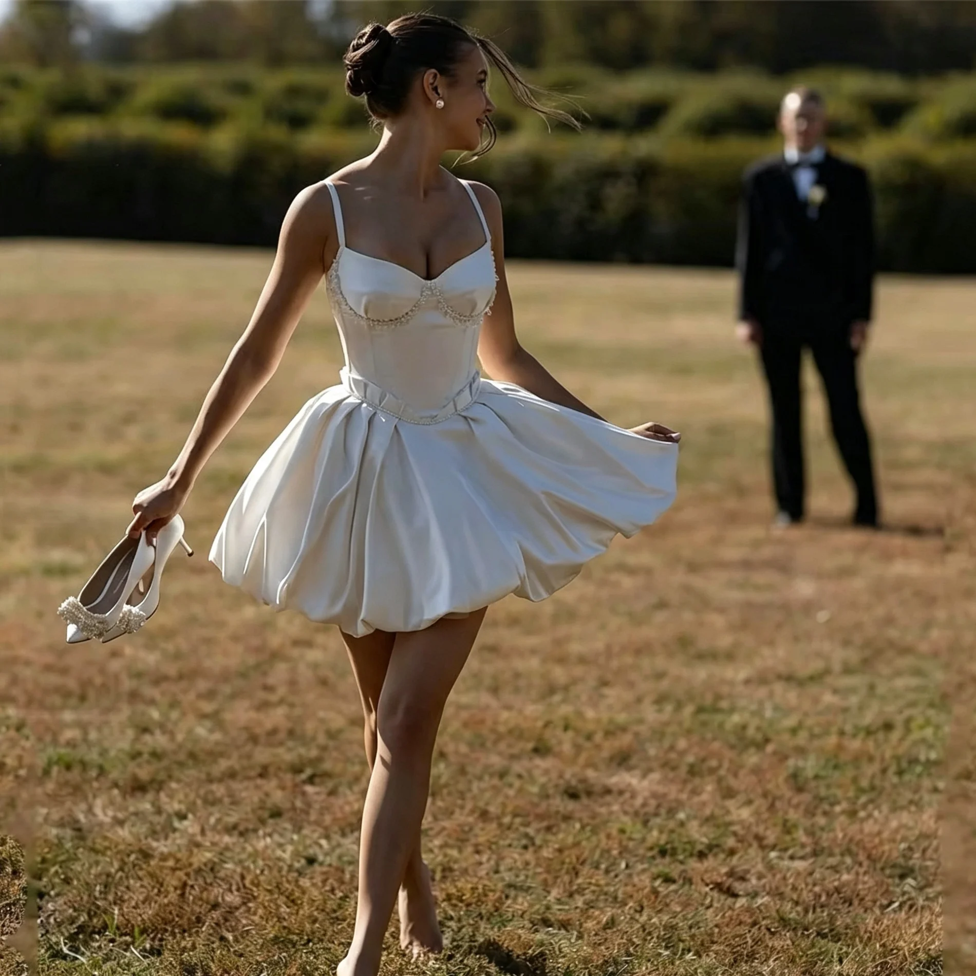 Spaghetti Strap Satin Bubble Skirt Mini Wedding Dress Corset Short Bridal Gown Civil Wedding Elopement Bridal Shower Engagement