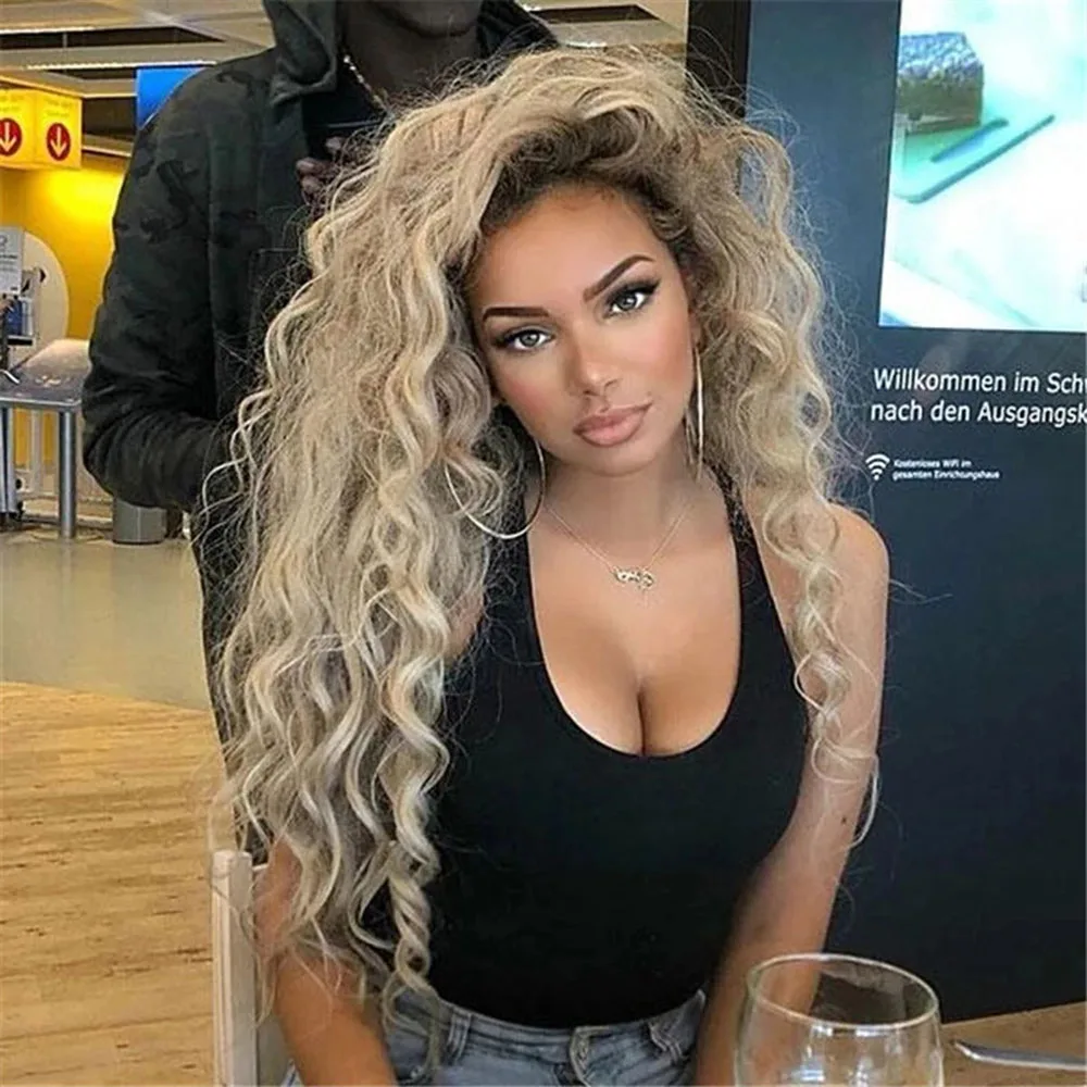 SuQ Synthetic Deep Wave Curly Wig Long Blonde Hair Wigs for Women Freepart Hairline Brown Roots Ombre Wig Natural Fluffy Wavy