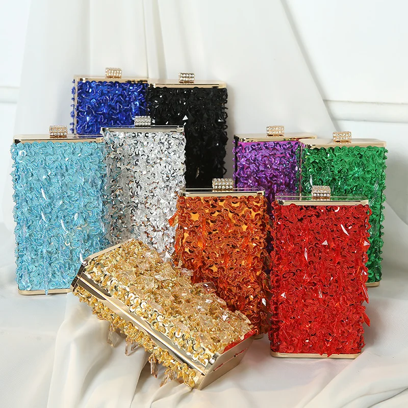 

New Diamonds Beaded Evening Bag Lady Glass Rhinestones Party Gold Purse Mini Square Tassel Bags Luxury Designer Women's Handbag