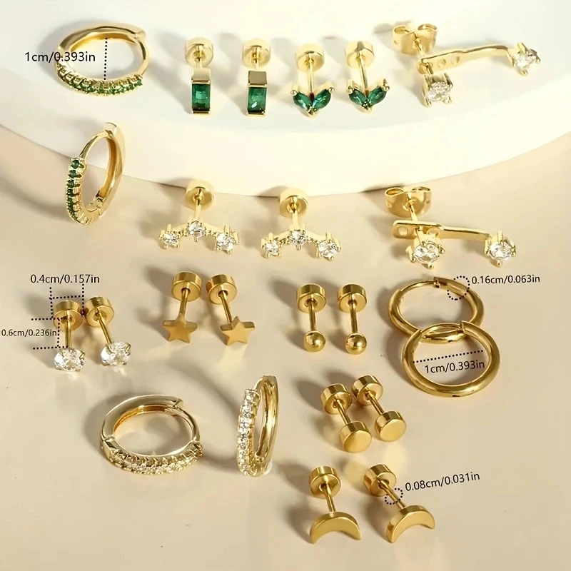 

6-24pcs Delicate Hypoallergenicity 18K Gold Green Gemstone Flat Back Earrings Set,Fashion Small Hoop Earrings Jewelry Accessory