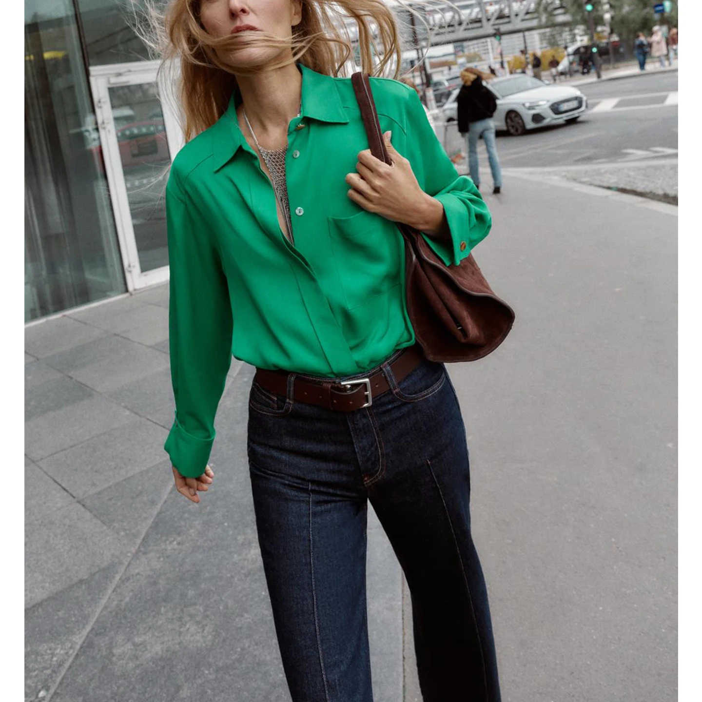 Automne hiver nouveauté femmes trajet Sle simple bouton Long Sve soie Satin ket irt haut col rabat Polyester F...