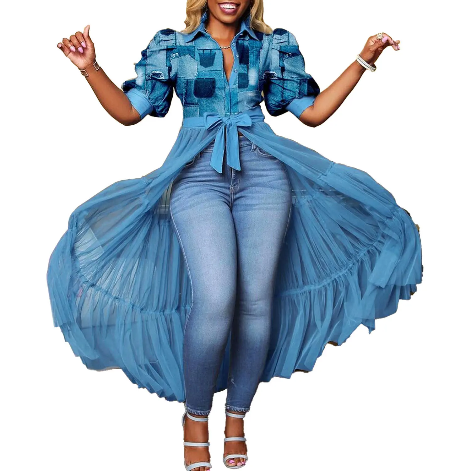 Trendy Women's Shirt Puff Sleeve Camouflage Printed Mesh Patchwork Fashion Bow High Waist Slim Resort Nightclub Top