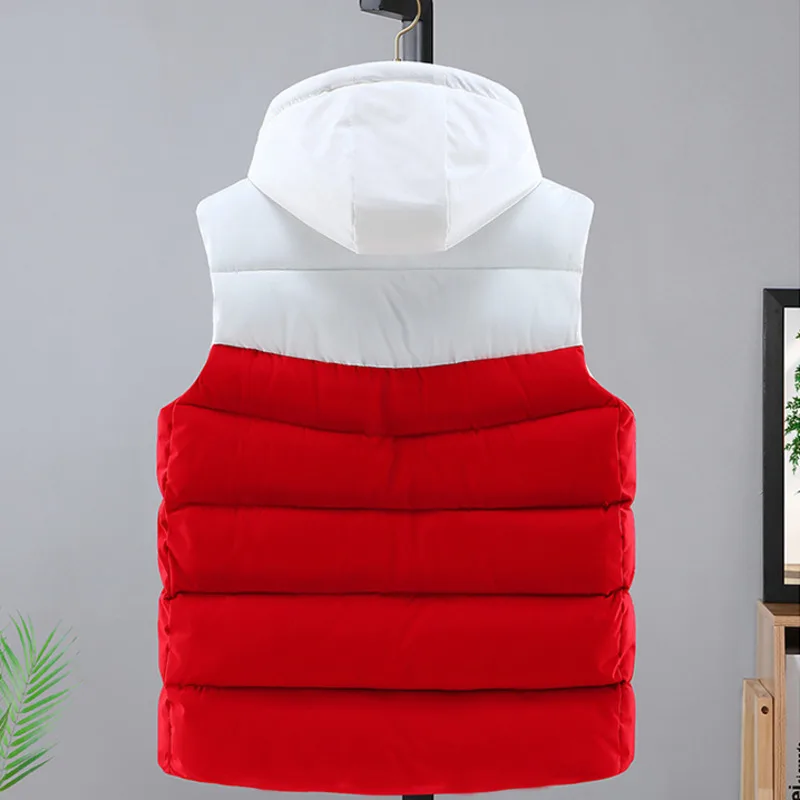 #3616 Winter Sleeveless Jacket Men Spliced Color Outerwear Vest Jacket Zipper Warm Thick Down Cotton Hooded Vest Man Slim Fit