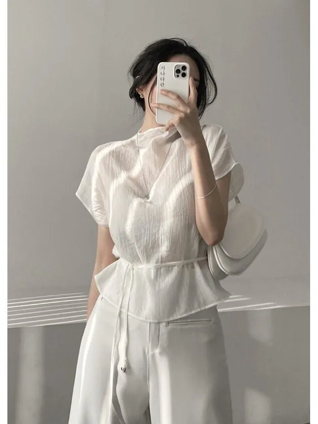 Chic Semi-High Collar Pleated Belted Sexy Semi-Transparent Versatile Top Korean Style Women's Sweater for All Seasons