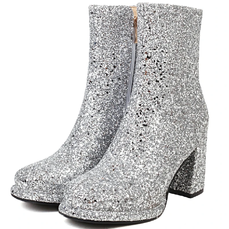 Luxury Sequined Women Ankle Boots Gold Silver Block Heels Short Boot Female Zipper Autumn Winter Party Shoes Ladies Large Size