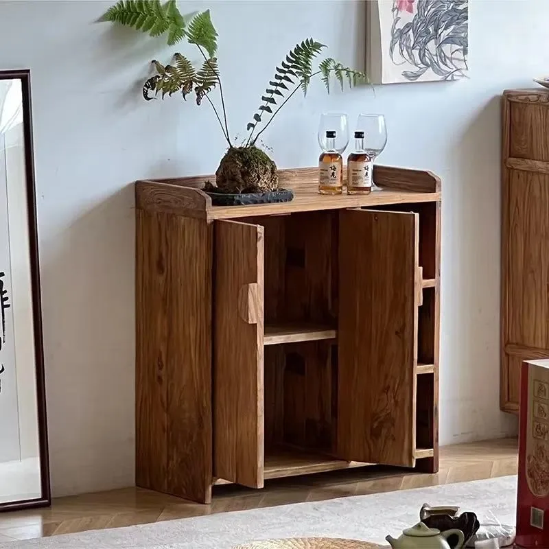 New Chinese Style Old Elm Living Room Multi Functional Cabinet Movable Tea Cabinet Solid Wood Locker