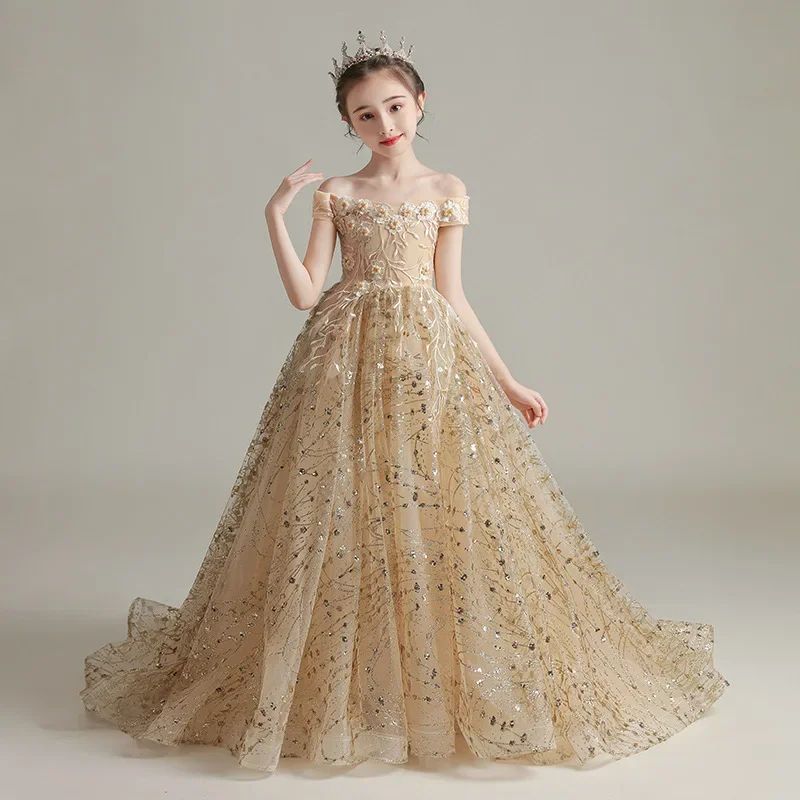 Flower Girls Wedding Bridesmaid Dress Teen Girls Gold Halloween Party Tail Dresses Children Elegant Off Shoulder Embroidery Gown