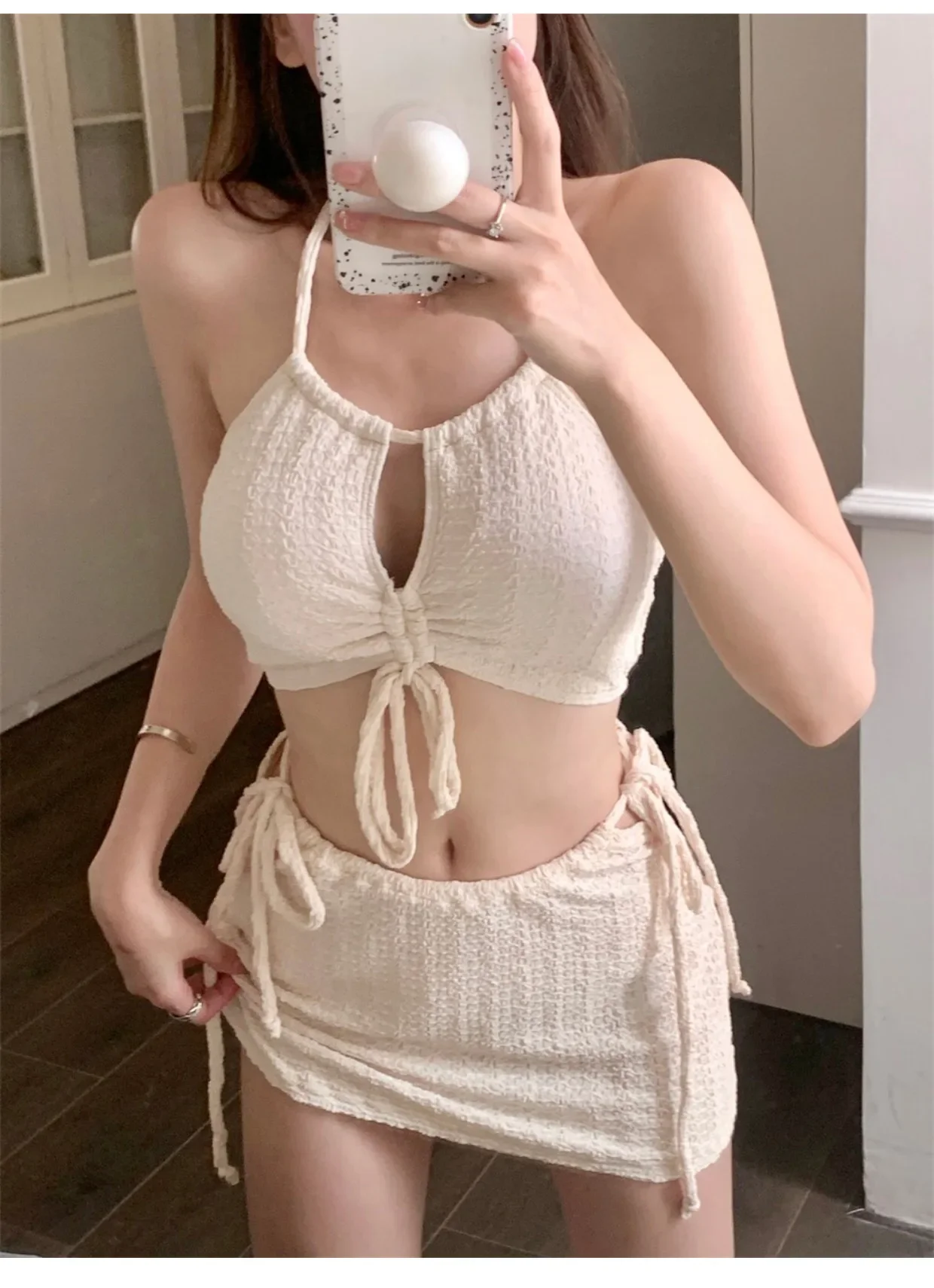 

Sexy Korean Fashion Ribbed Halter Bikinis Sets Three Pieces Drawstring Tie Swimsuit with Mini Skirt Padded Swimwear Biquini