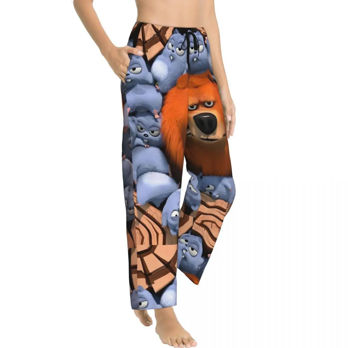 Custom Printed for Women Cute Grizzy And The Lemmings Cartoon Pajama Pants Sleepwear Sleep Lounge Bottoms with Pockets view 4