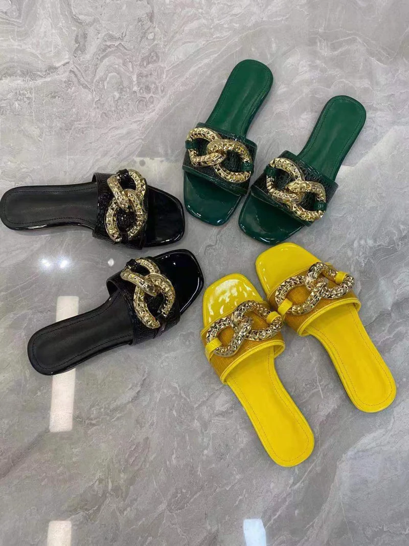 New Arrivals Designer Wholesale Summer Chain Women's Flat Slippers And Bag Set Beach Ladies Platform Sandals Matching Purse Set