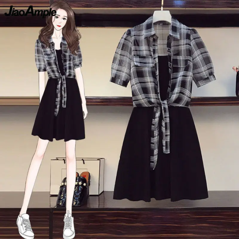 Damskie koreańskie Casual Plaid krótka koszula Camisole Mini sukienka dwa kawałki zestaw 2022 moda studencka czarne sukienki Streetwear kobieta