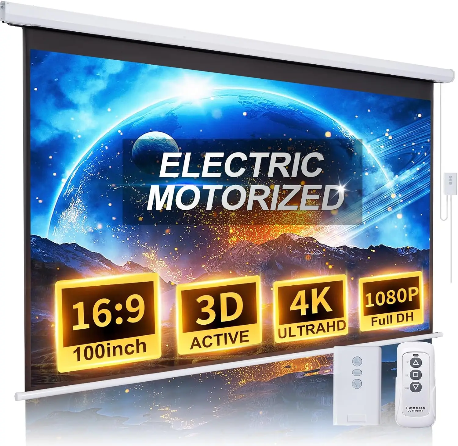 

Motorized Pull Down 100" 16:9 HD Projector Screen with Remote, Electric Retractable for Indoor Outdoor