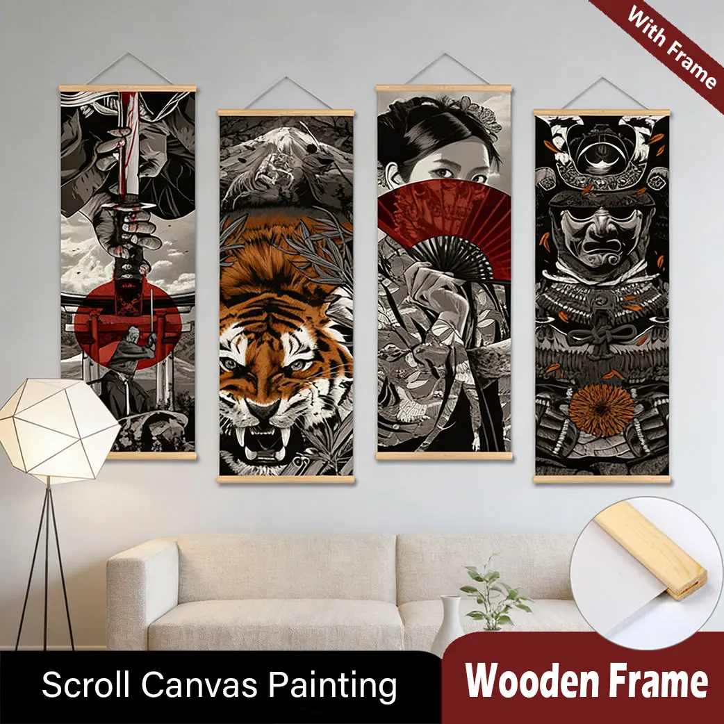 

Japanese Samurai Ukiyoe Scroll poster Canvas Poster with Wooden Hanger Wall Art Living Room Bedroom Home Decor Scroll Painting