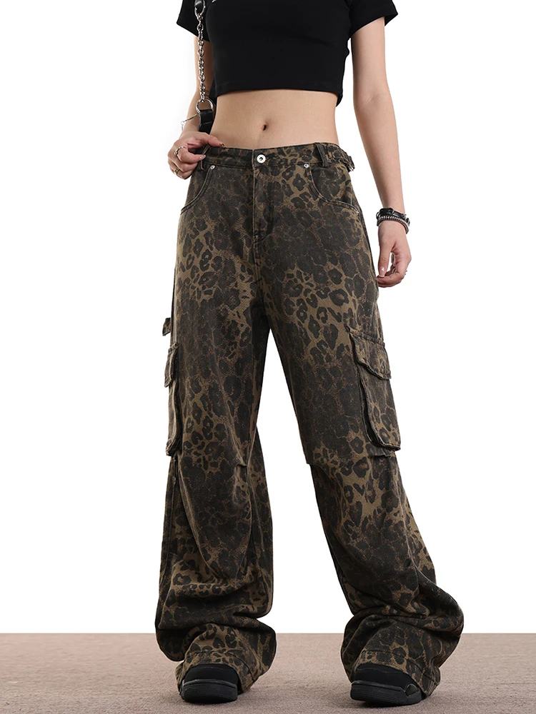

Fashion Leopard Print Women Cargo Pants Retro Multiple Pockets High Waist Wide Leg Pants 2024 Spring Y2k Casual Streetwear Jeans