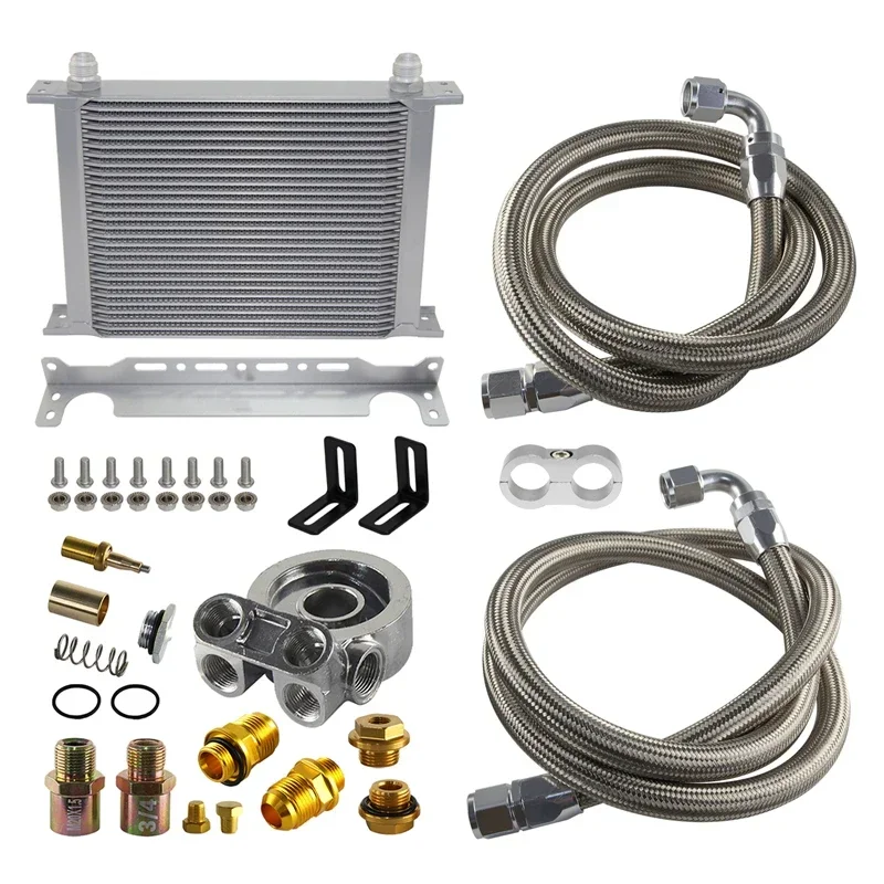 28 Row Universal Peformance Engine Oil Cooler with 10AN Fuel Hose Bracket & Thermostat Oil Filter Adatper Silver/Black