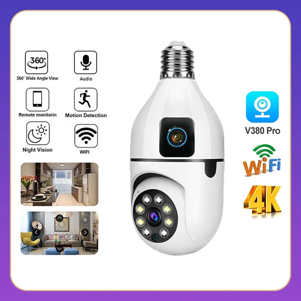 Camera CCTV V380 Pro WiFi Wireless Mini Smart Home Security Camera 1080P 4K 360 Degree Security Infrared Night Vision Flash E27