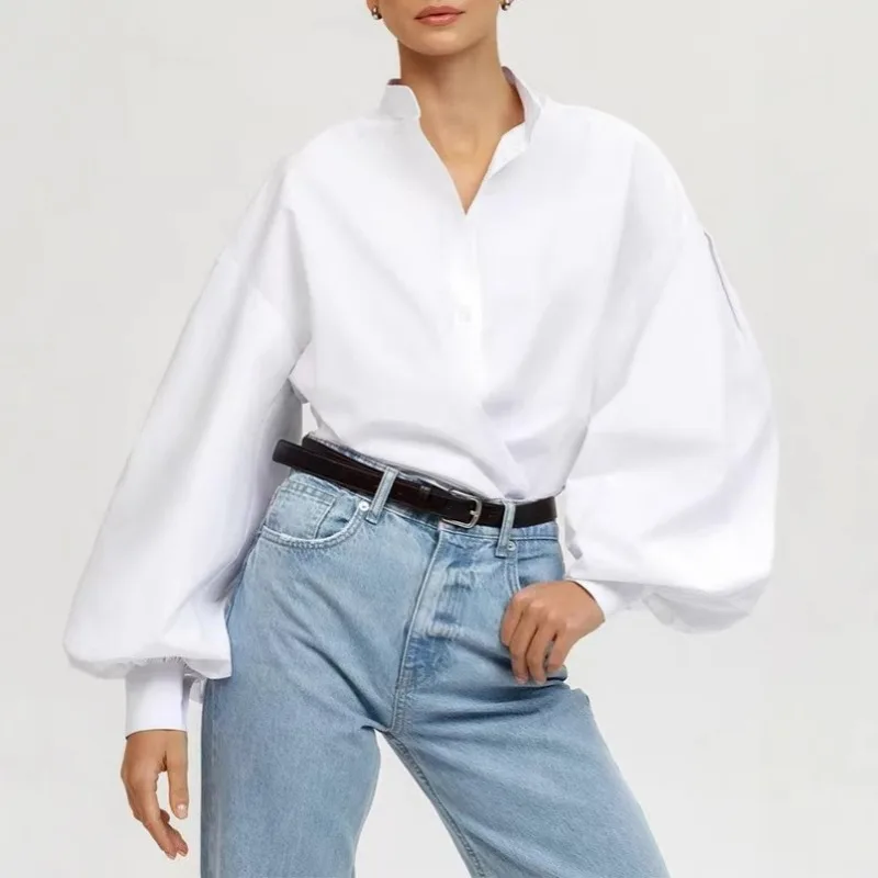 Cotton Lantern Sleeve Stand Neck Long Sleeve Loose Women's Shirt