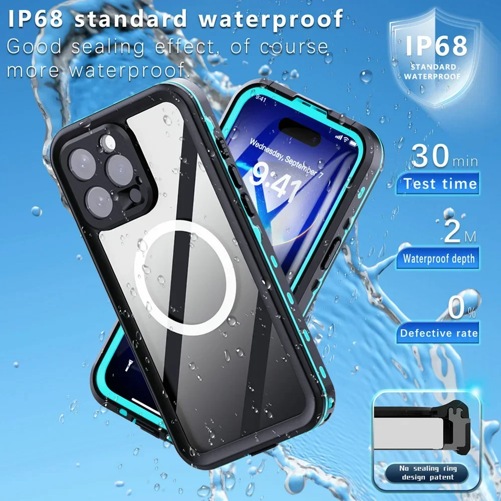 Magsafe IP68 Waterproof Case For iPhone 16 15 14 13 Pro Max Luxury Cover 360 Protect Seal Coque iPhone16 Plus Shockproof Funda