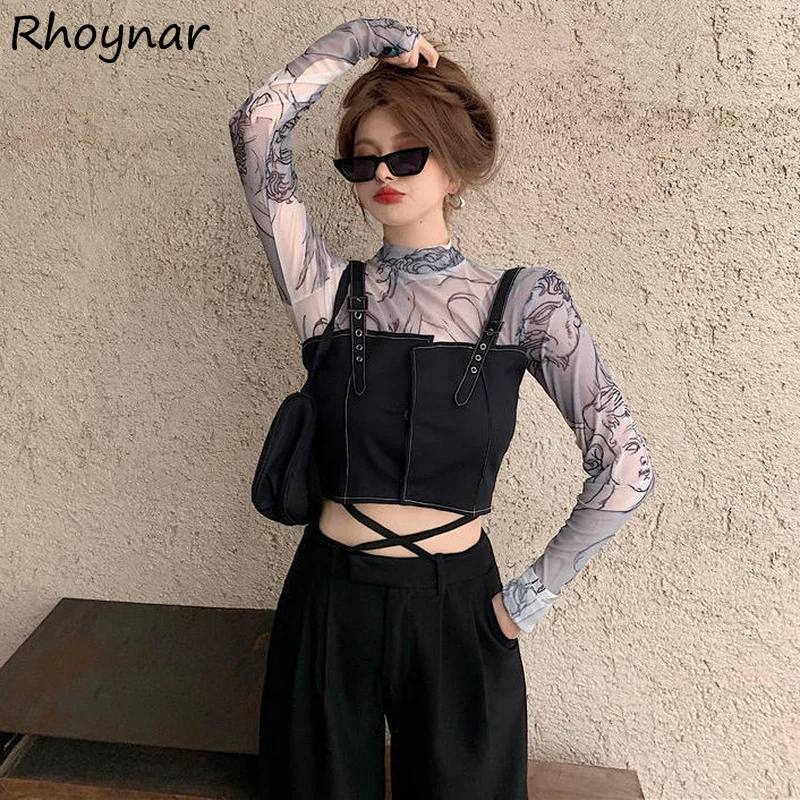 2 Piece Sets Women Autumn New Sheer Top Printing Cozy Sun-proof Crop Tee Harajuku Streetwear Vintage All-match Ulzzang Outfit